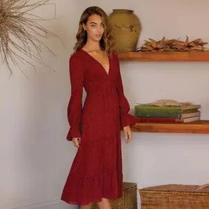 Commercio all'ingrosso di Autunno A Maniche Lunghe Con Scollo A V Polka Dot Abiti di Chiffon Delle Donne Midi Pieghettato Vestito Casuale