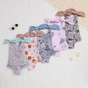 Vente en gros de maillots de bain à combinaison triangle croisé à double nœud papillon à fleurs pour fille ludique