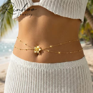 Chaînes de <span class=keywords><strong>ventre</strong></span> RINHOO simples à double couche pour femmes, couleur or, en métal, motif floral, pour bikini, chaîne de taille, bijoux polyvalents pour vacances à la plage - Product Image 1