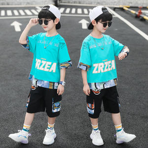 2023 <span class=keywords><strong>estate</strong></span> grandi vestiti per bambini manica corta lettera Patchwork T-Shirt tasche pantaloncini due pezzi bello Casual ragazzo set sportivi - Product Image 2