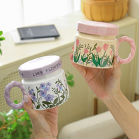 Mug à café en céramique à paroi simple avec couvercle, motif floral, 400 ml, pour la maison, le bureau, usage quotidien