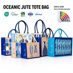 Bolsa de Yute Personalizada con Asas de Cuerda Natural, Estampado de Conchas y Peces, Bolsa de Compras de Arpillera - Product Image 1