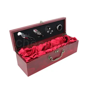 Groothandel Custom Houten Rode Wijn Enkele Fles Geschenkdoos Pakket Wijn Carrier Case Accessoire Sets Goedkope Wijnfles Gift Box