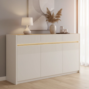 Meuble de salon élégant en bois avec 3 portes, éclairage et design à lattes, armoire de rangement pour salon - Product Image 1