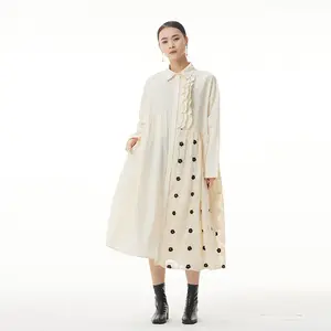 Wholesale New Embroidered Stitching Dot Plus Size Dresses Spring 2022 Cotton Fashion Casual Long Sleeve Lapel Women's Dress