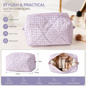 Trousse de Maquillage Géométrique en Coton Matelassé Personnalisée Grande Capacité Sac de Voyage Organisateur de Maquillage avec Poignée Souple et Fermeture Éclair pour Rangement de Produits de Beauté - Product Image 2