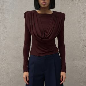 Women's Draped Cowl Neck Long Sleeve <b>Top</b> - Ruched Shoulder Slim Fit Blouse Shirt <b>Top</b> Fashion - Product Image 1