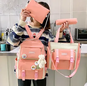 Mochila feminina de alta qualidade, 4 peças, para estudantes, mochila de alta capacidade, 4 peças, conjunto kawaii, de lona, para adolescentes, meninos