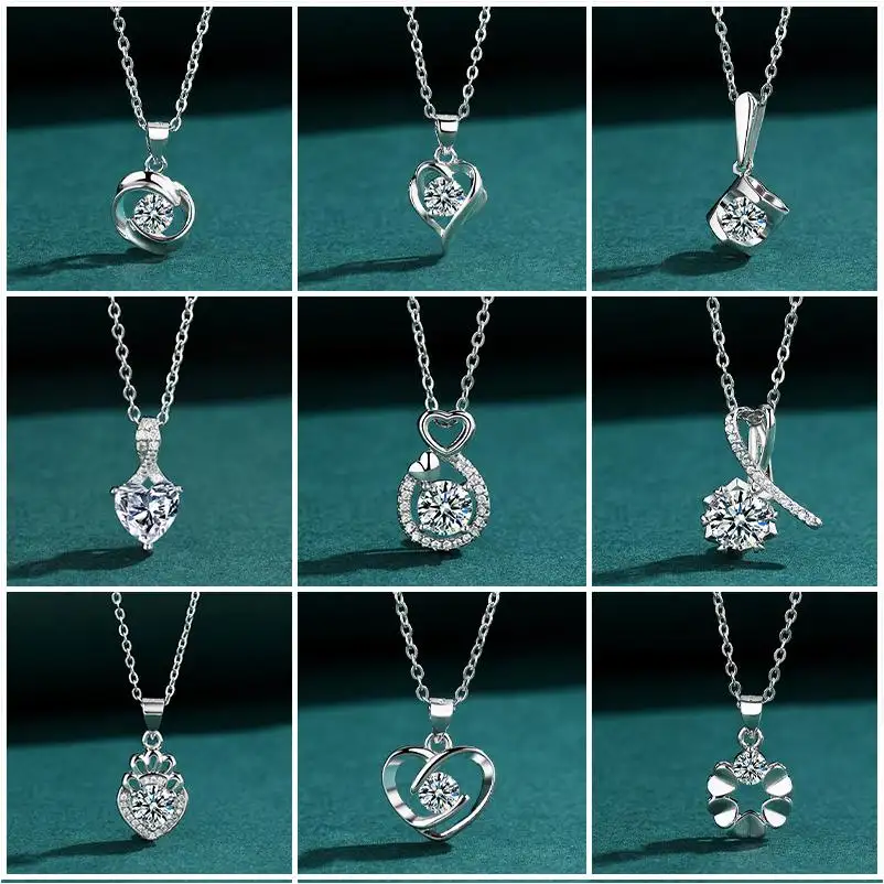 Colar de joias da moda conjunto de contas de pedra moissanite, pingente de prata com corrente longa e elo de letras, pingente de manga e manga, pingente de ouro em forma de lua