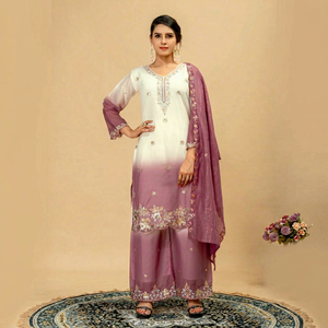 Traje Tradicional Indio-Pakistaní de Dos Tonos con Bordado, Conjunto Churidar, Blusa de Crepé, Chal, Pantalón Palazzo, para Bodas, Graduaciones, Diwali - Product Image 1