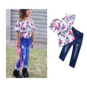 WHS03 Летний Детский костюм, Модный повседневный комплект одежды для девочек, топы с цветочным принтом, джинсы, комплект одежды для девочек-подростков