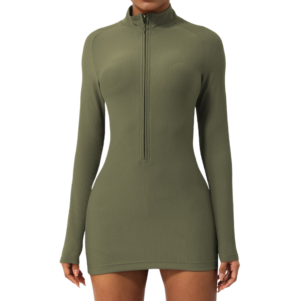 Zippered Nude Tight Sports Dress Slimming Quick-drying Fitness Yoga Long-sleeved Casual Skirt Sexy