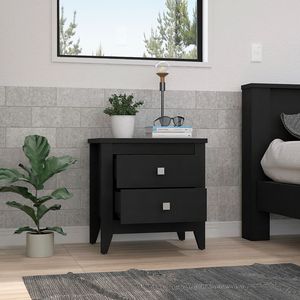 Mesita de noche Oasis de DB DEPOT de madera maciza moderna con cuatro patas, dos cajones, parte superior en negro para el hogar o el apartamento - Product Image 2