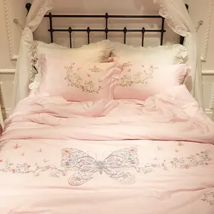 lenzuolo farfalla rosa Suppliers-Di lusso bella principessa stile elegante rosa duvet della copertura della farfalla del ricamo set di biancheria da letto per le ragazze