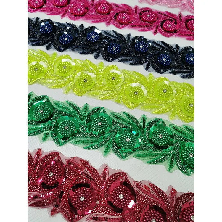 Wholesale Beaded Colorful Lace Trim Polyester Bead Floral Lace Trimmings Sequin Lace Trim for Dress