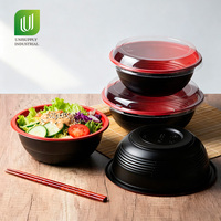 Grosir mangkuk bulat Takeaway Jepang merah & hitam mangkuk plastik sekali pakai mie Ramen