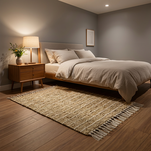 Tapis d'intérieur rectangulaire en jute rayé fait main, à poils ras, style bohème, tissage plat, pour chambre à coucher, avec bordure à franges - Product Image 5