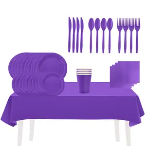 Birthday Party Paper Plate Cup Napkin Set 169pcs Mysterious Purple Solid Color Party Supplies 24 Guest Disposable Dinnerware Set