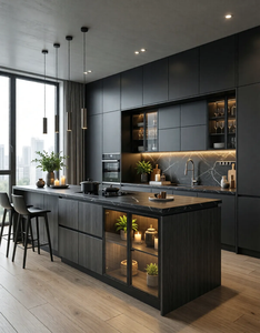 Set Completo di Mobili da Cucina in Melamina Nera Stile Europeo OPPEIN con Isola per Progetti di Villa - Product Image 3