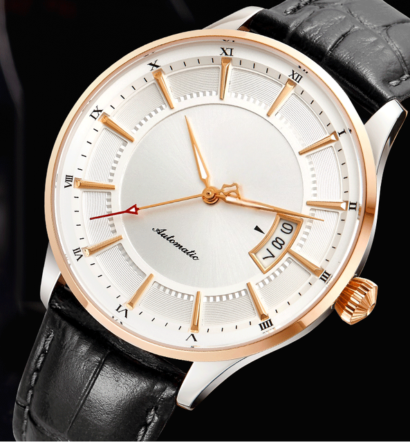 Exquisite Spiral Pattern Hollow Design Clear Display Mens Leather Strap 50 Meters Waterproof Automatic Mechanical Watch