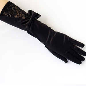 MIO Fashion Élégantes Mitaines de Mariée Longueur Coude, Nœud Noir en Dentelle Nylon <span class=keywords><strong>et</strong></span> Satin Doux, Gants de Soirée pour <span class=keywords><strong>Femme</strong></span> - Product Image 3