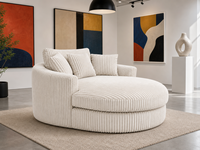 Fauteuil rond en velours côtelé à larges côtes, crème, avec coutures matelassées, mousse haute densité, structure robuste, pour salon à domicile