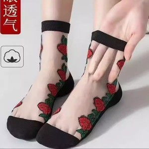 Women's Sheer Lace <b>Socks</b> With Rose Design Breathable Mid-Calf Length Regular Casual <b>Socks</b> For Youth 18-40 Years Old - Product Image 3
