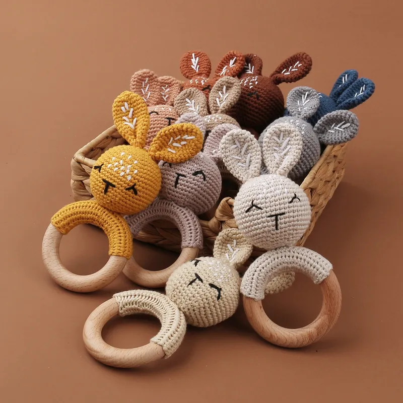 Thực Phẩm Cấp Bé Sản Phẩm Bunny Crochet Rattle Gỗ Bé Teether Vòng.