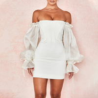 Robe moulante courte pour femme, épaules dénudées, en satin, manches bouffantes, sans bretelles, style corset, pour cocktail, soirée ou mariage