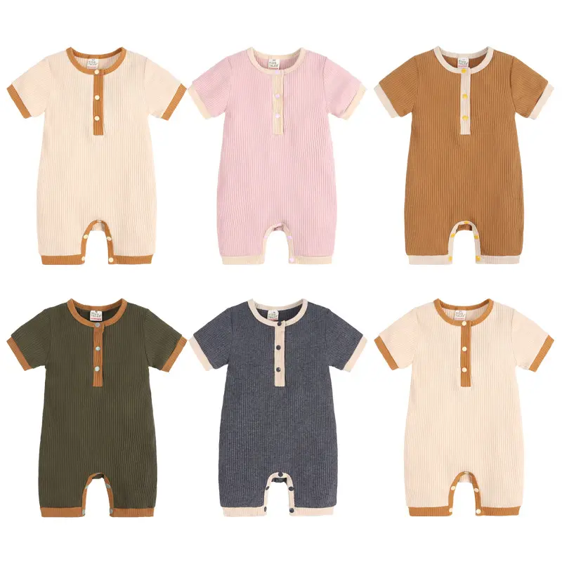 Summer baby jumpsuit, newborn hoodie pit stripe short sleeved jumpsuit