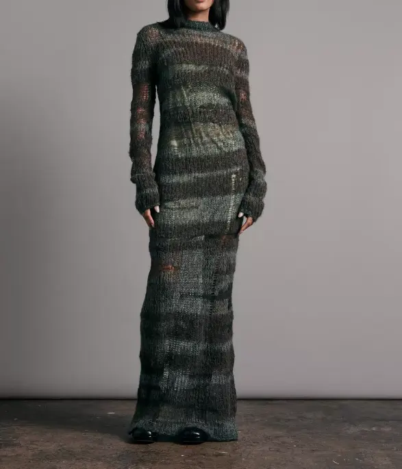 Özel Streetwear sıkıntılı örgü Hollow Out kadınlar seksi şeffaf tığ uzun Maxi tiftik elbiseler