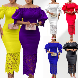 C8524 Nuovi Arrivi Autunnali Abito Elegante da Donna Africana Taglie Forti con Inserti in Pizzo e Scollo a Barca per Feste e Cerimonie - Product Image 1