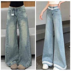 2025 Nouveaux jeans à jambes larges pour femmes lâches et suspendus taille haute en forme de poire minceur printemps et automne pantalons décontractés. - Product Image 3