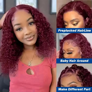 Parrucca Bob Corta Ricci 180% Borgogna 99J con Frontale in Pizzo Trasparente 13x4, <span class=keywords><strong>Capelli</strong></span> Umani, 14-16 Pollici, Rosso Vino, Pre-Piumata con Baby Hair - Product Image 2