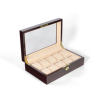 Boîte de rangement pour 10 montres en bois d'ébène rouge de luxe, finition brillante, doublure en daim camel, construction en MDF, verrouillable, anti-poussière