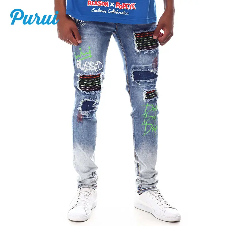 Ultimo nuovo modello di marca di disegno di strass hip hop di colore di pendenza di modo mens jeans skinny