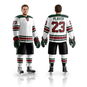 Maillot de hockey sur glace pour homme, blanc, vert, rouge, rayé, manches longues, impression sublimée, respirant, 100% polyester, coupe régulière pour adulte - Product Image 1