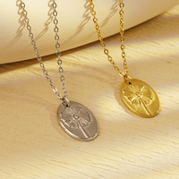 Kalung Liontin Oval Bunga Dandelion Baja Anti Karat Wanita Amerika Eropa dengan Rantai Bambu Resin Lapis Elektroplating
