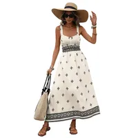 Robe longue dos nu à imprimé géométrique pour femme, style vintage, sans manches, en tissu blanc cassé, prête pour les vacances d'été, vente en gros