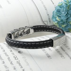 yunnique Chain <b>Leather</b> <b>Bracelet</b> Black Bangle Fashion Motorcycle Chain Jewelry Titanium Steel Geometric Design - Product Image 3