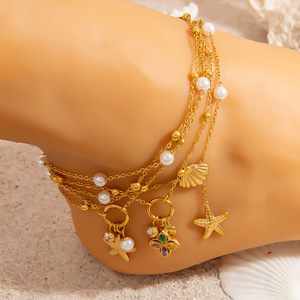 Chaîne de cheville YWXS en acier inoxydable avec perles et étoiles, double rangée, pour femme, idéale pour la plage - Product Image 2
