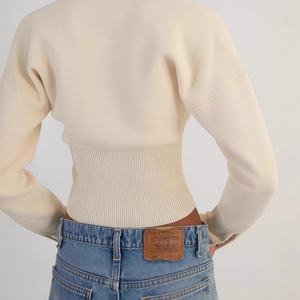 Nuovo Logo in lana 100% personalizzato stile classico abbigliamento femminile alla moda t-shirt con scollo sottile con bottoni <span class=keywords><strong>Cardigan</strong></span> da donna a coste - Product Image 2