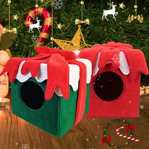 메리 크리스마스 선물 상자 애완 동물 침대 두꺼운 부드러운 고양이 잠자는 둥지 사탕 상자 고양이 집 홈 크리스마스 장식품 2022