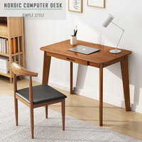 Bureau d'ordinateur minimaliste nordique en noyer, plateau en MDF, pieds en bois massif avec tiroir compact intégré, poste de travail à domicile