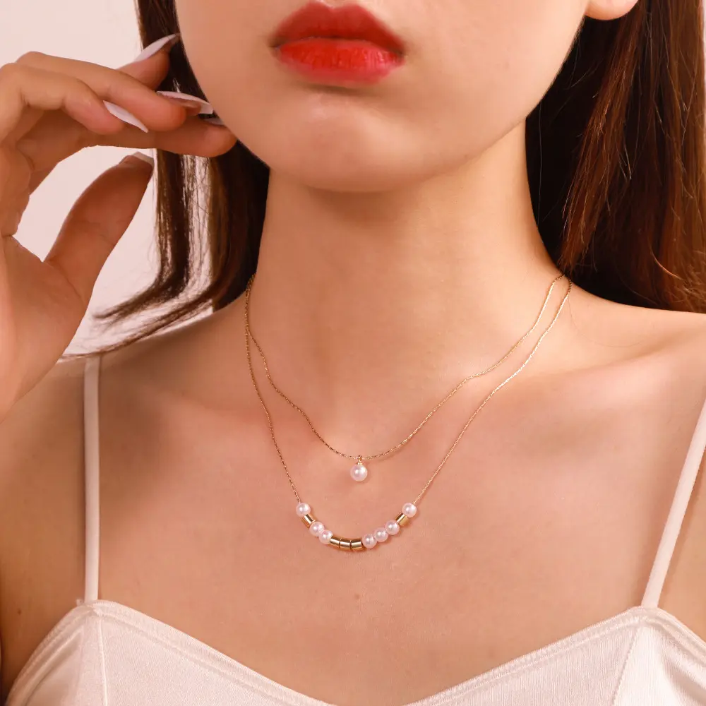 Zooying Pearl Morse Code Necklace for Women Double Chain Couple Necklace Clavicle Chain for Women