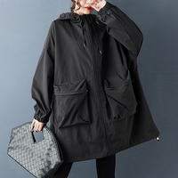 Nouvelle Collection Automne 2026 – Manteau Coréen Chic et Décontracté pour Femme, Taille Unique, Coupe Ample, Mi-long, à Capuche, avec Grandes Poches Plaquées et Fermeture Éclair