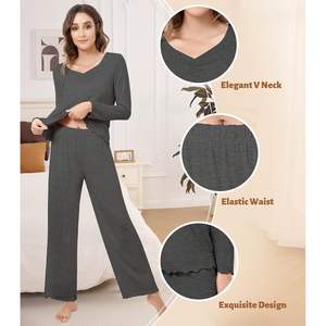 Conjunto de pijama personalizado para mujer, manga larga, cuello en V, con pantalones, ropa de dormir de punto suave, conjunto cómodo de 2 piezas para mujer - Product Image 4