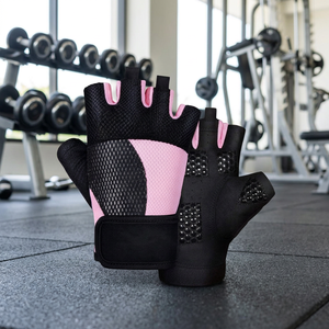 Gants de cyclisme mi-doigts en polyester noir et rose, respirants en maille, unisexes, pour l'été, à enfiler - Product Image 6
