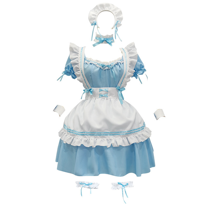 Bleu [jupe, tablier, anneaux de main, anneaux de jambe, ornements de cou, coiffe]