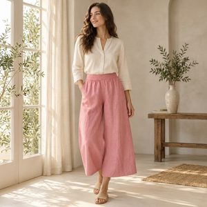 Pantalones Casuales de Mujer de Lino y Algodón Rosa, Cintura Media, Corte Holgado, Cintura Elástica, Bolsillos, Pierna Ancha, Tejido Liso, Largos, para Verano - Product Image 1